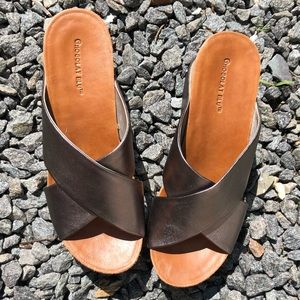 Chocolat Blu silver wedge sandals, size W9